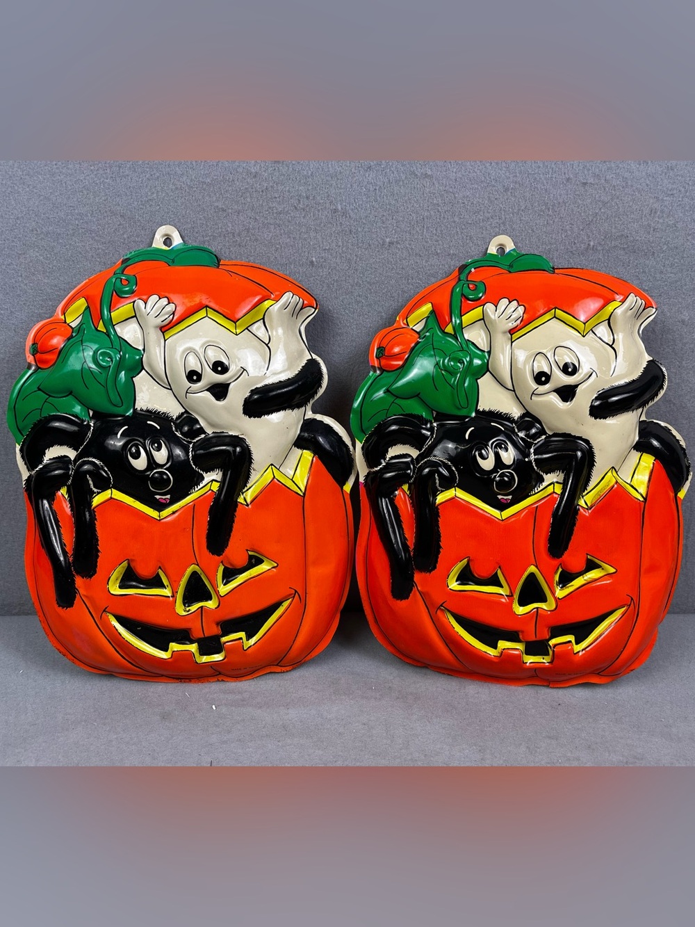 Vintage 80s 3D Vacuform Molded Plastic Halloween Decoration Pumpkin Ghost Spider